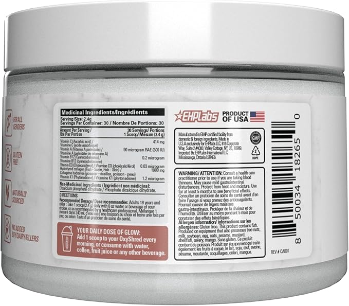 EHP Labs OxyGlow Natural Marine Collagen Powder - Hydrolyzed Marine Collagen Peptides Powder - Boosts Skin Elasticity &amp Firmness Accelerates Nail Growth &amp Strengthens Hair 30 Serves (Unflavo