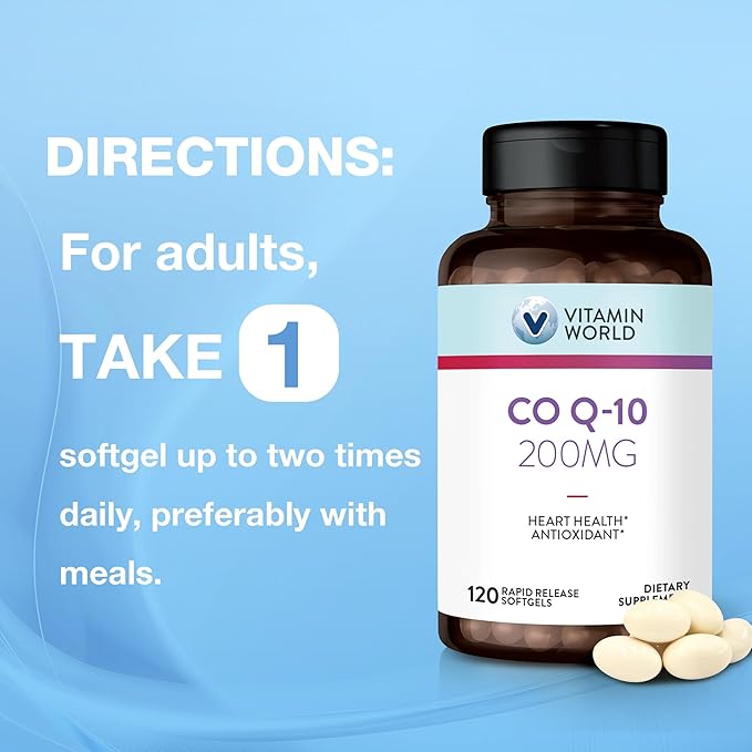 Vitamin World CoQ10 200 mg Softgels Coenzyme Q10 Supplements for Antioxidant Support Heart Health &amp Energy Production Gluten Free 120 Rapid Release Softgels