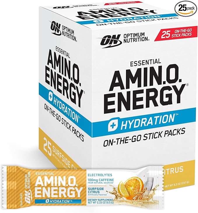 Optimum Nutrition Amino Energy Plus Hydration Packets On-The-Go Caffiene Stick Packs Surfside Citrus 25 Count