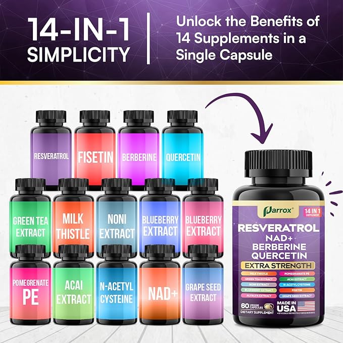Resveratrol Supplement with Milk Thistle NAD Berberine Quercetin Fisetin Pomegranate Green Tea Noni Acai Blueberry Grape Seed Extracts N-Acetyl Cysteine 14-in-1 Extra Strength (180 Caps)