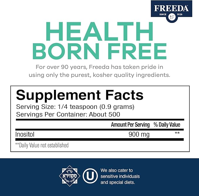 FREEDA Pure Myo-Inositol Powder – Vitamin B8 for Hormone Mood &amp Cellular Health – Supports Fertility Focus Energy &amp Nervous System Function – Kosher Vegan Non-GMO Gluten-Free (16 oz)