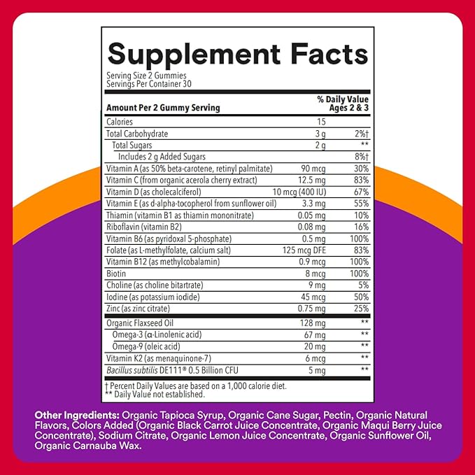 SmartyPants Organic Toddler Multivitamin Gummies: ProbioticsOmega 3 (ALA)Vitamin D3CVitamin B12B6AK&ampZincBeta CaroteneGluten FreeThree Fruit Flavors (30 Day Supply)60 Count (Pack of 2)