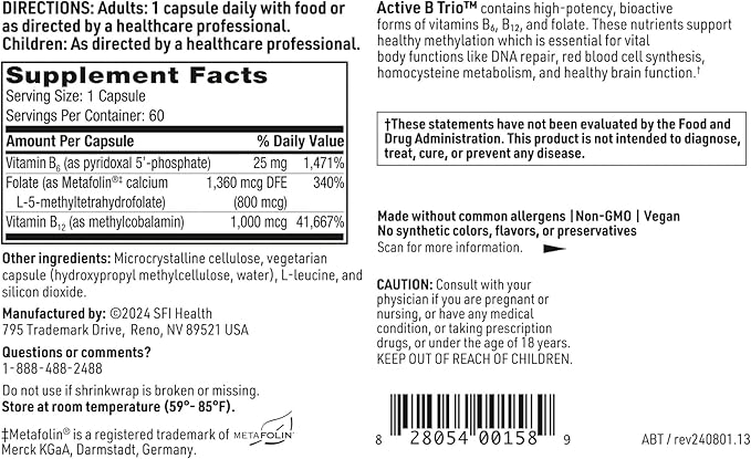 Klaire Labs SFI Health Active B Trio - Methylated Vitamin B Complex with B6 B12 &amp Folate - Bioactive Vitamins for Enhanced Absorption - Promote Healthy Energy &amp Cognition (60 Capsules)
