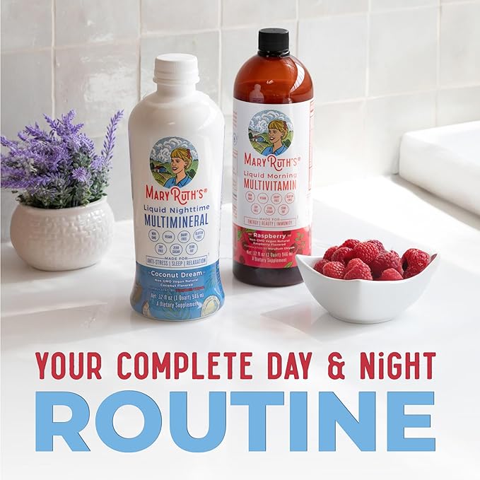 MaryRuth Organics Liquid Morning Multivitamin &amp Liquid Nighttime Multimineral Bundle Vegan Vitamin C Vitamin D B Complex Magnesium Energy Beauty Sleep Support NO Melatonin 32 Fl Oz Each