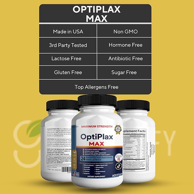 OptiPlax Max Vision Support Supplement 24 Premium Herbal Extracts Vitamins &amp Minerals 60 Capsules (3)