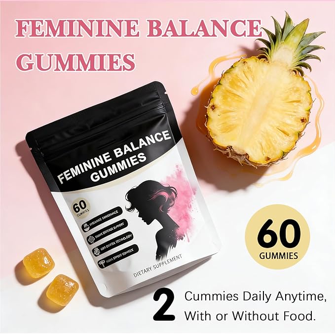 Feminine Balance Gummies for Women - Vegan Pineapple Gummy Vitamins Supports Vaginal pH &amp Healthy Flora 60 Gummies (30-Day Supply) (1)