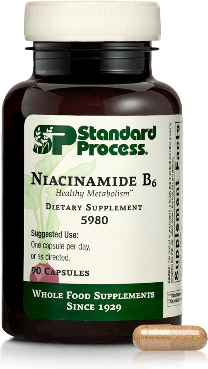 Standard Process Niacinamide B6 - Supports Energy Metabolism &amp Nervous System Health - Aids Blood Flow &amp Digestive Health with Niacin &amp Vitamin B6 - Non-Dairy - 90 Capsules