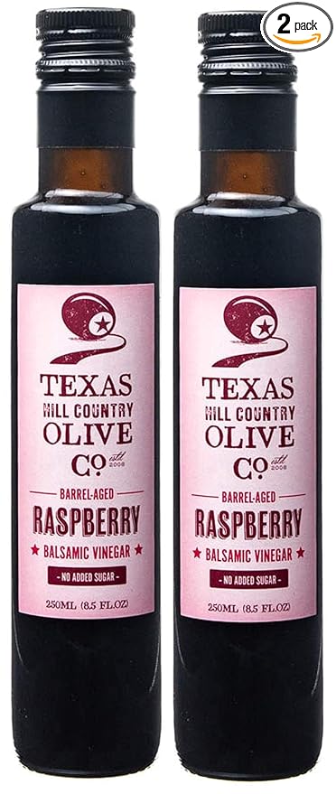 Raspberry Balsamic Vinegar - Gourmet Barrel Aged Infused Balsamic Vinegar - Great for Dressing Dipping Glazing - No Artificial Flavors or Added Sugar - Made in Texas (8.5 oz 2 Pack)