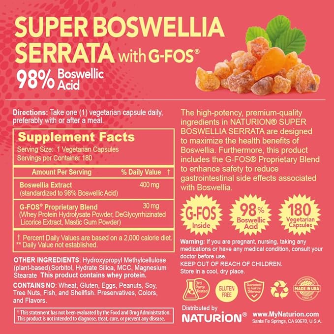 Super Boswellia Serrata with G-FOS - 98% Boswellic Acid - Supports Joint &amp Mobility Health - 180 Vegan Capsules 180 Day Supply