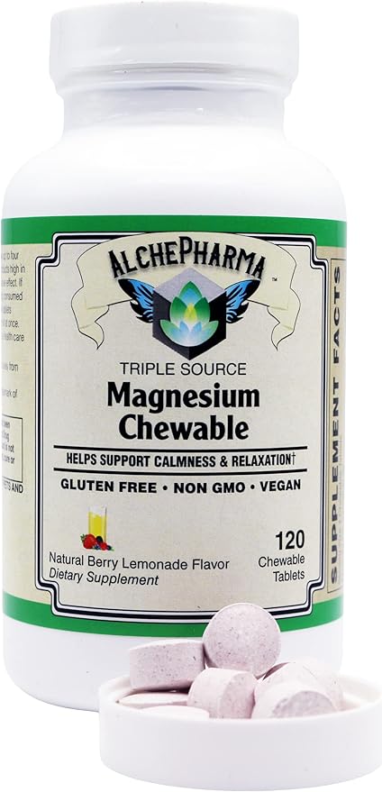 Triple Source Chewable Magnesium Aquamin® Citrate and Chelate Vegan Great Tasting Berry Lemonade (Natural Berry Lemonade 120 Chewables)