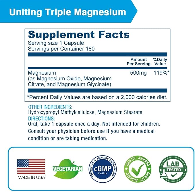 Lovita Triple Magnesium Complex 500mg High Absorption and Potency Formula Glycinate Citrate &amp Oxide Support Sleep Relaxation Heart Nerves &amp Bone Health 180 Vegan Capsules (Pack of 3)