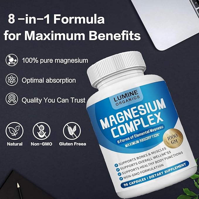 1PCSLumine Organics Magnesium Complex Supplement 1000mg - Advanced 8-in-1 Magnesium Blend - Glycinate Citrate Malate Taurate etc.– High Absorption Formula – Non-GMO 90 Capsules (1B)