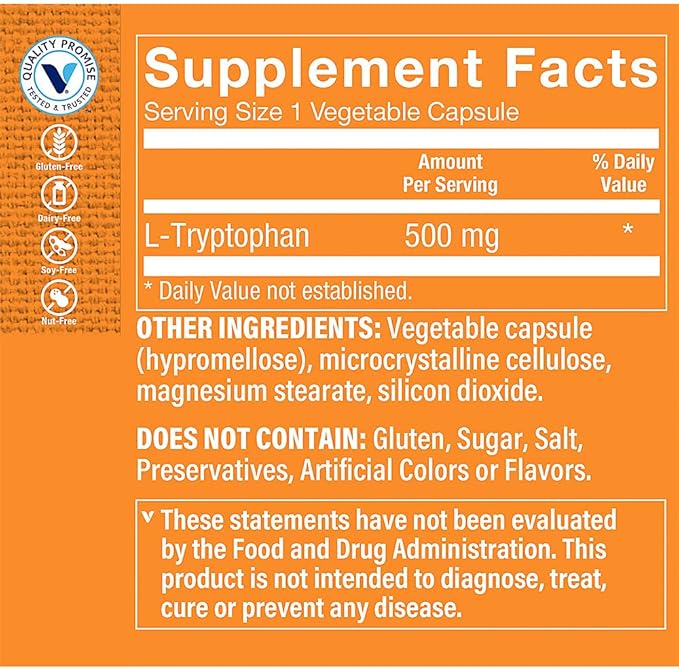 The Vitamin Shoppe L-Tryptophan 500MG Supports Relaxation Positive Mood &amp Sleep (60 Veggie Capsules)