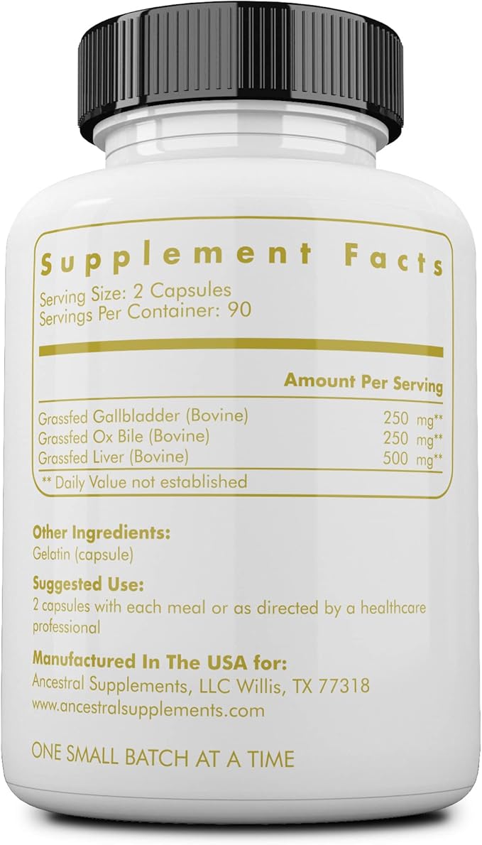 Ancestral Supplements Grass Fed Beef Gallbladder Supplements with Ox Bile and Liver 500mg Liver and Gallbladder Support Complex Promotes Gallbladder &amp Digestive Health and Bile Flow 180 Capsule