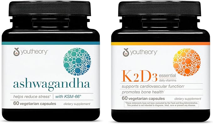 Youtheory Ashwagandha 1000mg (60 Veg Caps) K2D3 (60 Veg Caps) – Stress &amp Cortisol Support Bone &amp Heart Health* – Gluten Dairy &amp Soy Free Supplements for Men &amp Women