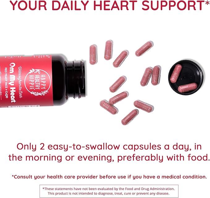 Happy Healthy Hippie Red Yeast Rice with CoQ10 Supplement &amp Vegan Collagen Builder w/Hyaluronic