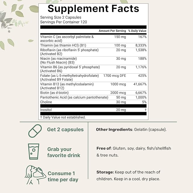 Micro Ingredients Pure Methylated B Complex 240 Capsules | 11-in-1 Formula with Methylfolate B12 Thiamin Inositol Choline &amp Fat Soluble Vitamin C | Clean Ingredients Without Fillers | Non-GM