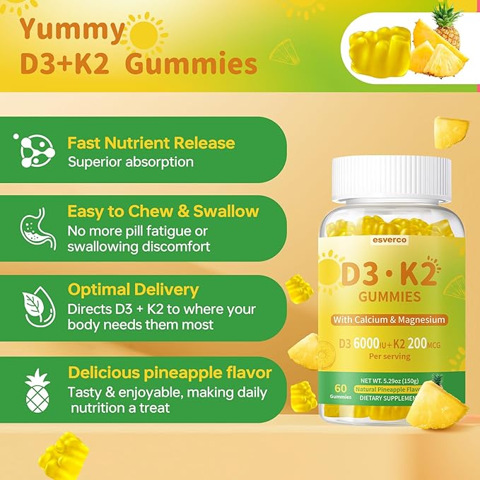 Vitamin D3 K2 Gummies High Absorption 6000 IU D3 + 200mcg K2 (MK-7) with Calcium &amp Magnesium Glycinate Extra Strength for Bone Teeth &amp Immune Support Pineapple Flavor 2-Pack 120 Count