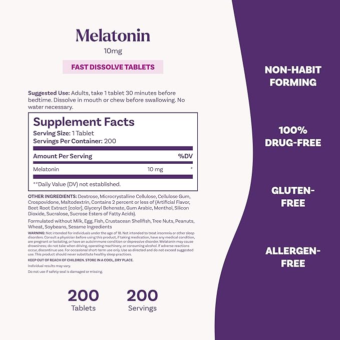 Natrol Melatonin 10mg Fast Dissolve Tablets - Strawberry Flavor 200 Count Sleep Support Fast Dissolve Melatonin for Adults 200-Day Supply