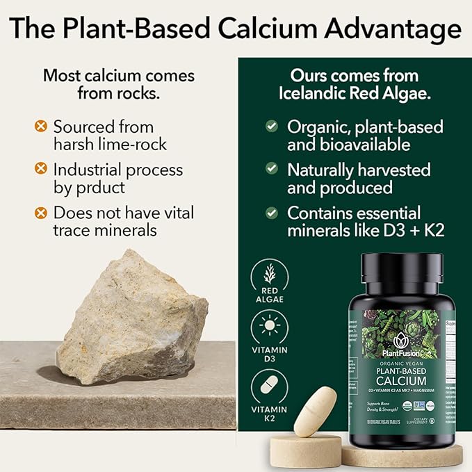 PlantFusion Organic Vegan Calcium Premium Organic Plant Based Calcium (1000mg) Sourced from Icelandic Red Algae Plus Magnesium D3 K2 Iron and Boron 180 Vegan Tablets