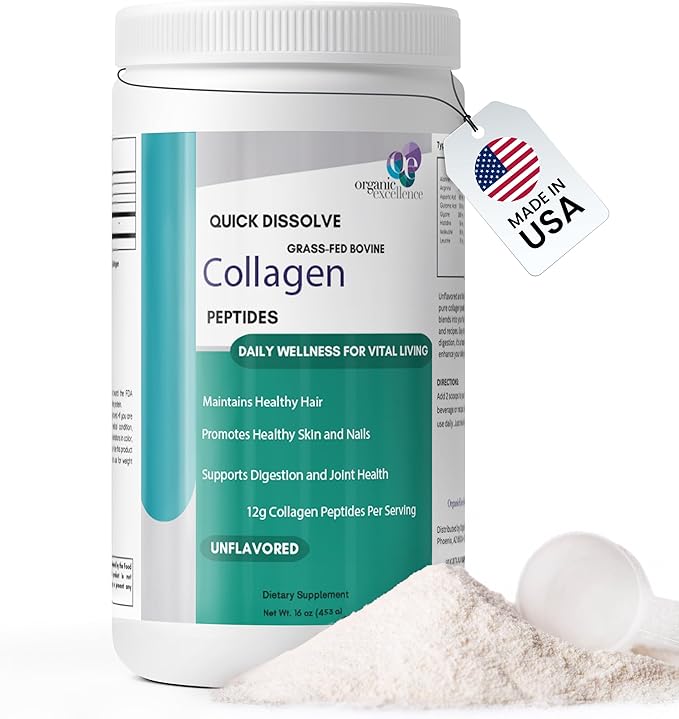 Organic Excellence Collagen Peptides Grass-Fed Bovine Unflavored Collagen Powder Type I &amp III Hydrolyzed Collagen Support Skin Joints Gut Hair Nails Non-GMO 12g Protein/Serving 16 oz (453