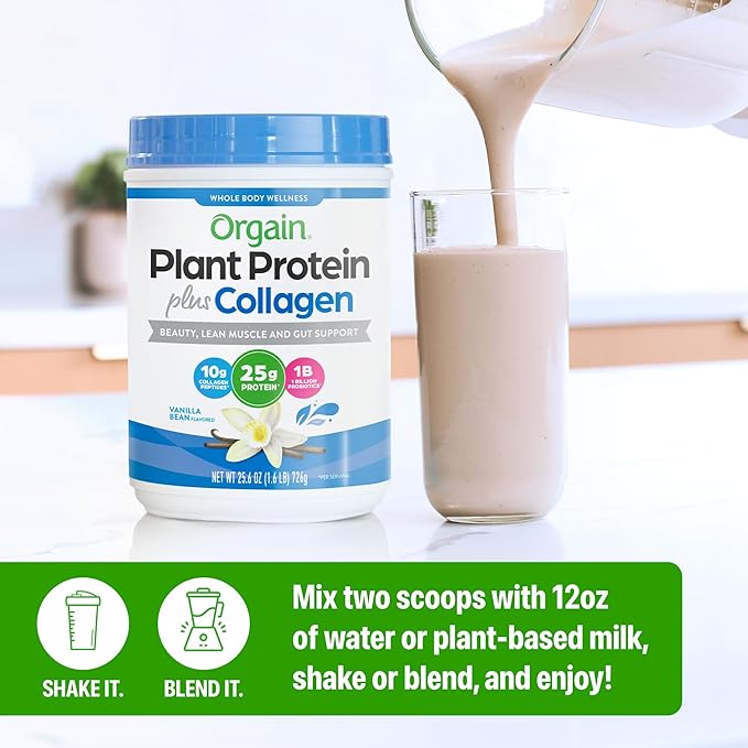 Orgain Protein Powder + Collagen Vanilla Bean - 25g of Protein 10g Collagen Peptides Type I &amp III 1B CFU Probiotics Supports Hair Skin Nail Joint &amp Gut Health Gluten Free - 1.6lb