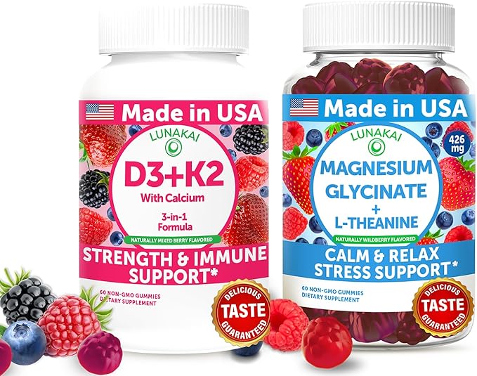 Lunakai USA Made D3+K2 with Calcium &amp Magnesium Glycinate + L-Theanine Gummies Bundle – 60 Non-GMO Gummies Each