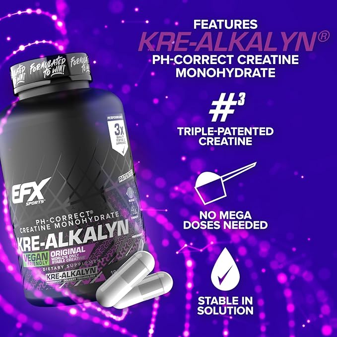 EFX Sports Kre-Alkalyn EFX | pH Correct Creatine Monohydrate Pill Supplement | Vegan Friendly | Strength &amp Muscle Growth | 90 Servings 180 Veggie Capsules (Pack of 2)