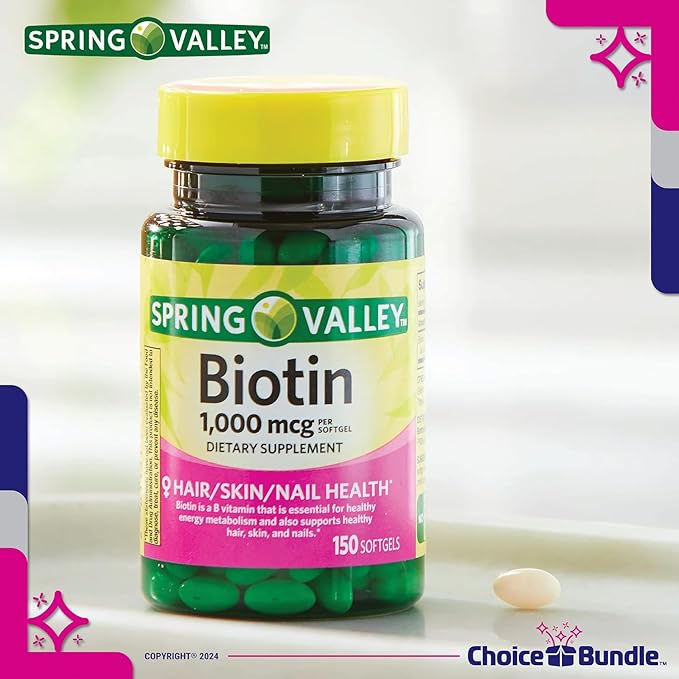 Choice Bundle Spring Valley Biotin Softgels 1000mcg Dietary Supplement for Hair Skin Nail Health 150 Ct 2 pk (300 Total) + Vitamin Guide &amp Pill Container (4 Items)!