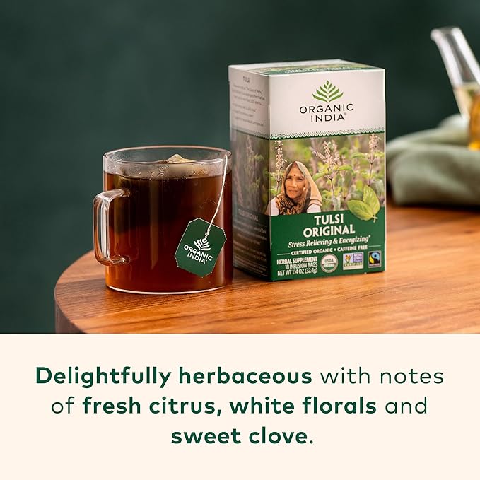 ORGANIC INDIA Tulsi Original Herbal Tea - Holy Basil and African Basil Calming and Stress Relief Tea Immune Support USDA Certified Organic Non-GMO Caffeine-Free - 18 Infusion Bags 3 Pack
