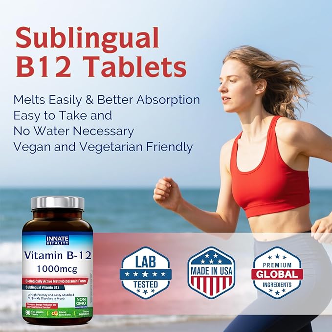 Innate Vitality Calcium 1200mg with D3 &amp K2 + Vitamin B12 1000mcg Methylcobalamin Bundle | Bone Density Energy Metabolism &amp Mental Clarity Support | Fast Dissolve Sublingual Non-GMO Peach F
