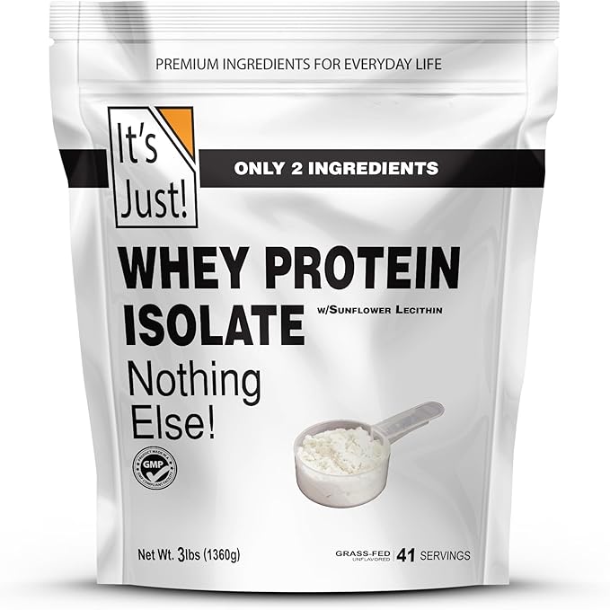 It's Just! - Whey Protein Isolate Ultra Premium Grass-Fed Unflavored Made in USA Pure 90% Protein Only 1g Carb No Added Sugar (3 Pound)