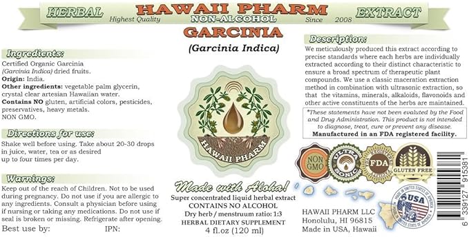 Garcinia Alcohol-Free Liquid Extract Garcinia (Garcinia Indica) Dried Fruit Glycerite Hawaii Pharm Natural Herbal Supplement 2x32 oz Unfiltered