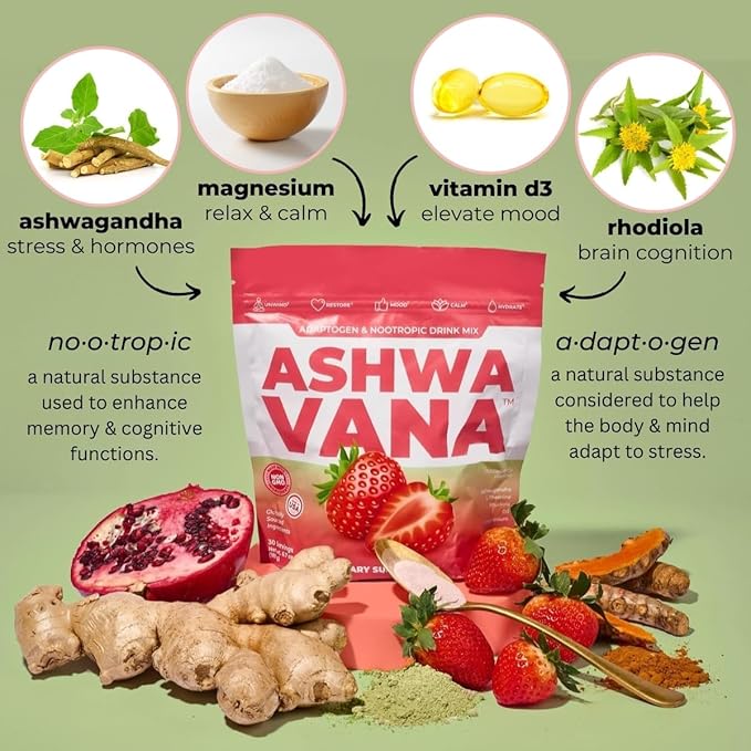 ASHWAVANA Zen Relax Drink Mix - Nootropic Adaptogen-Infused Ashwagandha Beverage - Rhodiola Magnesium L-Theanine - Restore &amp Unwind - Alcohol Alternative - Strawberry Flavor - 60 Count (Pack of