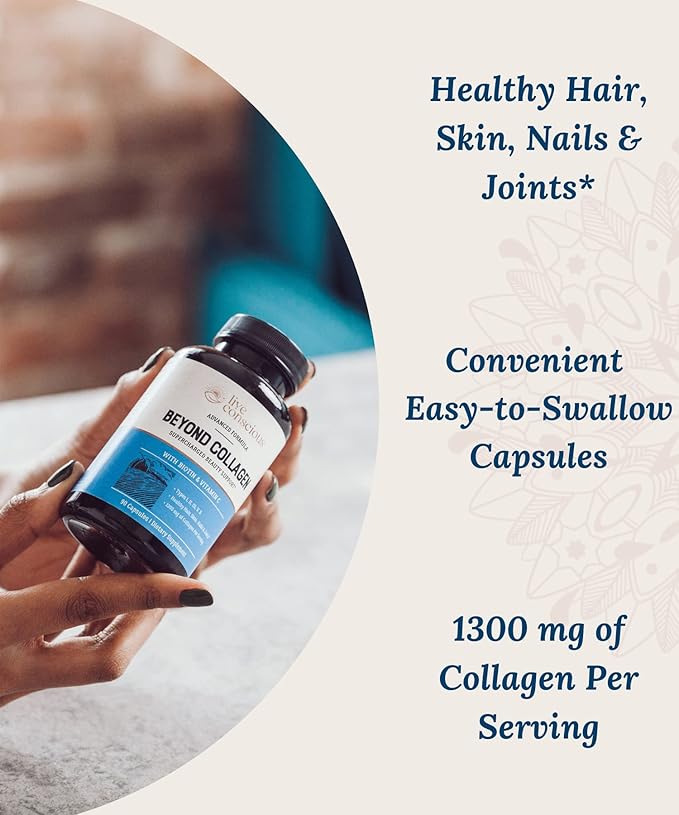 Live Conscious Beyond Collagen Multi Collagen Capsules - Types I II III V &amp X | Hydrolyzed Blend with Biotin &amp Vitamin C for Hair Skin Nails 90 Capsules (4-Pack)