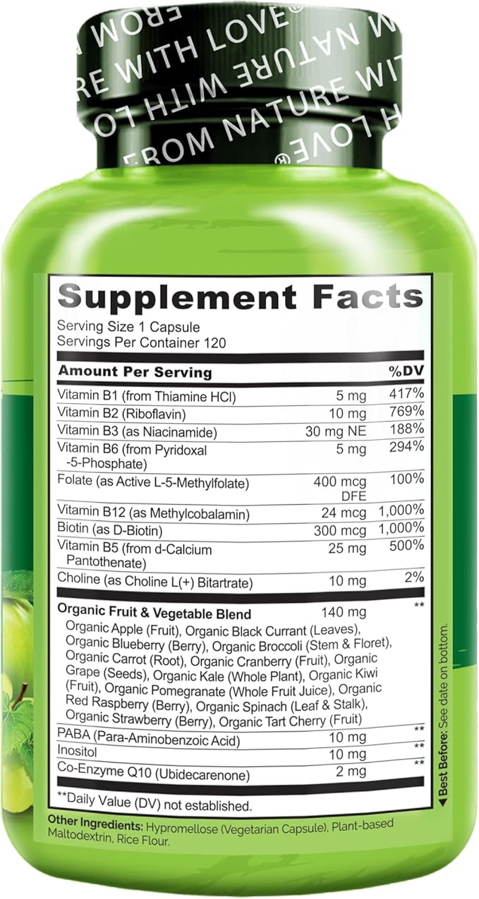 NATURELO Vitamin B Complex120 Capsules Vegan CoQ10 Methyl Folate Biotin Fruit &amp Veg Blend Supports Energy and Healthy Stress Response Super B Complex Vitamins for Women and Men