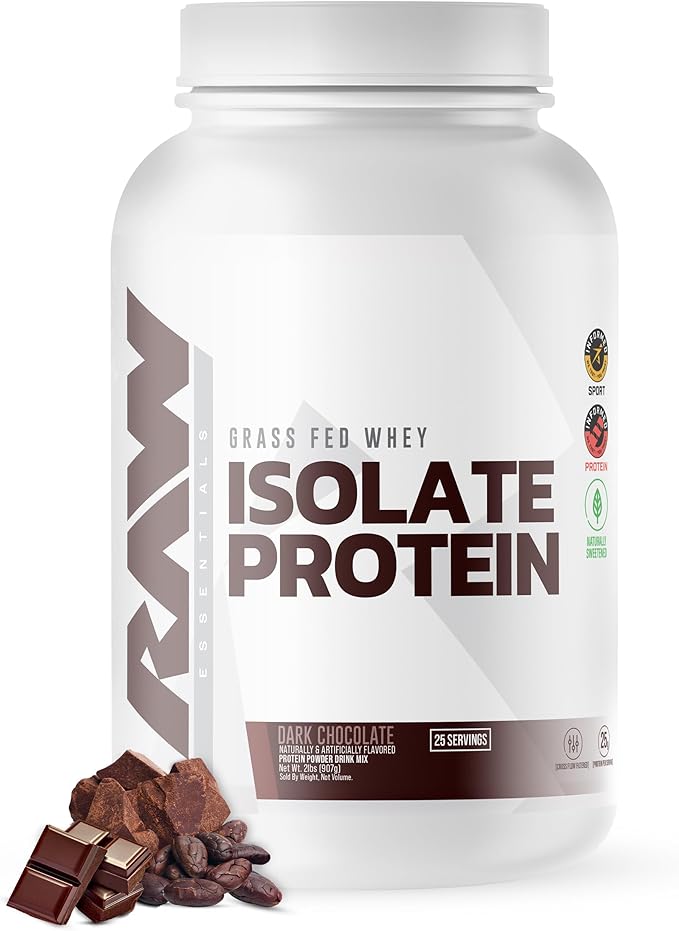 RAW Whey Isolate Protein Powder Dark Chocolate - 100% Grass-Fed Sports Nutrition Whey Protein Powder for Muscle Growth &amp Recovery - Low-Fat Low Carb Naturally Flavored &amp Sweetened - 25 Serv