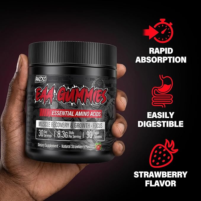 EAA Gummies - 2:1:1 BCAA Formula (8300mg) - Essential Amino Acids for Muscle Recovery &amp Endurance - Non-GMO Gluten Free Sugar Free Vegetarian Strawberry Flavor - 90 Count