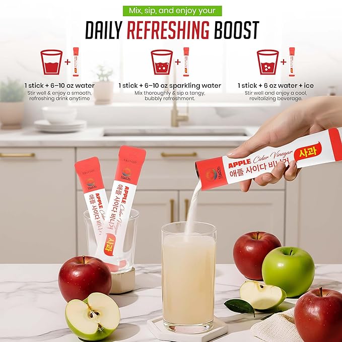 HaeOn Apple Cider Vinegar Drink Powder Stick – On-the-Go with 1500mg ACV 30 Sticks Sugar-Free Probiotics | Supports Digestion (Pack of 30 Apple)