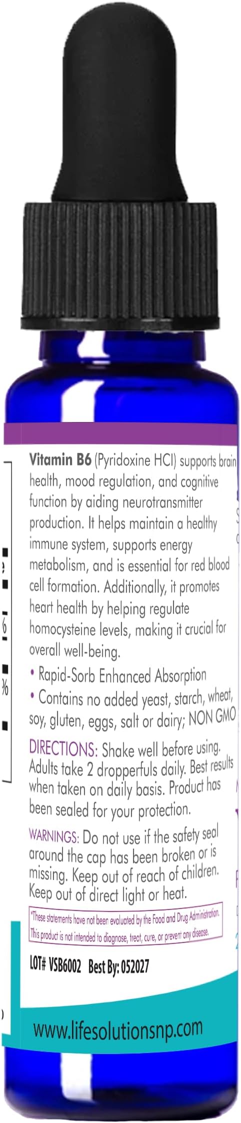Life Solutions Vitamin B6 Pyridoxine HCI - B Vitamins Supplement B6 Vitamins 25mg- Essential B6 Supplement for Metabolism Energy and Nervous System Support 2oz Liquid Dropper