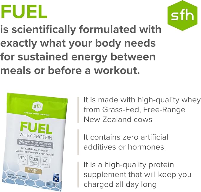 SFH Fuel Whey Protein Powder Great Tasting Grass Fed Whey | MCTs &amp Fiber for Energy | All Natural | Soy Free Gluten Free No RBST No Artificial Flavors (Coconut (2lb Bag))