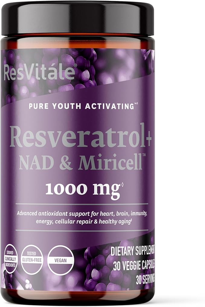 ResVitále Resveratrol + NAD &amp Miricell 1000 mg - Advanced Antioxidant Support for Brain Heart Energy &amp More - 30 Veggie Capsules (30 Servings)