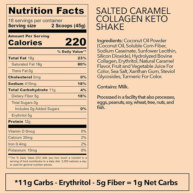 Keto Collagen Shake (Salted Caramel) - with Coconut Oil Prebiotics Grass Fed Hydrolyzed Collagen Peptides Type I &amp III Low Carb Gluten Free1.78lbs. (810g)