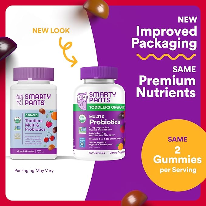 SmartyPants Organic Toddler Multivitamin Gummies: ProbioticsOmega 3 (ALA)Vitamin D3CVitamin B12B6AK&ampZincBeta CaroteneGluten FreeThree Fruit Flavors (30 Day Supply)60 Count (Pack of 2)