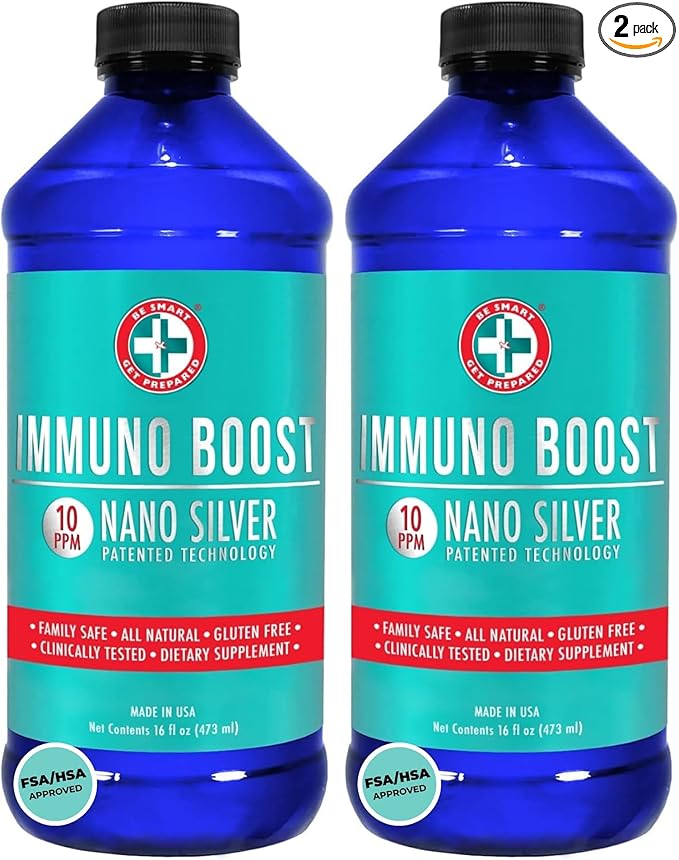 Be Smart Get Prepared Nano Silver Immuno Boost - 16 oz - Daily Immune Supplement for Family - Gluten Free Vegetarian - Made in USA (Pack of 2)