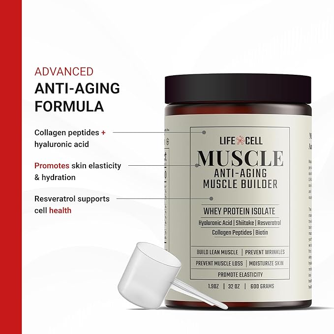 LifeCell Whey Protein – Anti-Aging Muscle Builder with Shiitake Mushroom Collagen &amp Hyaluronic Acid – Chocolate No Sugar Added Soy-Free Gluten-Free 600g (18 Servings)