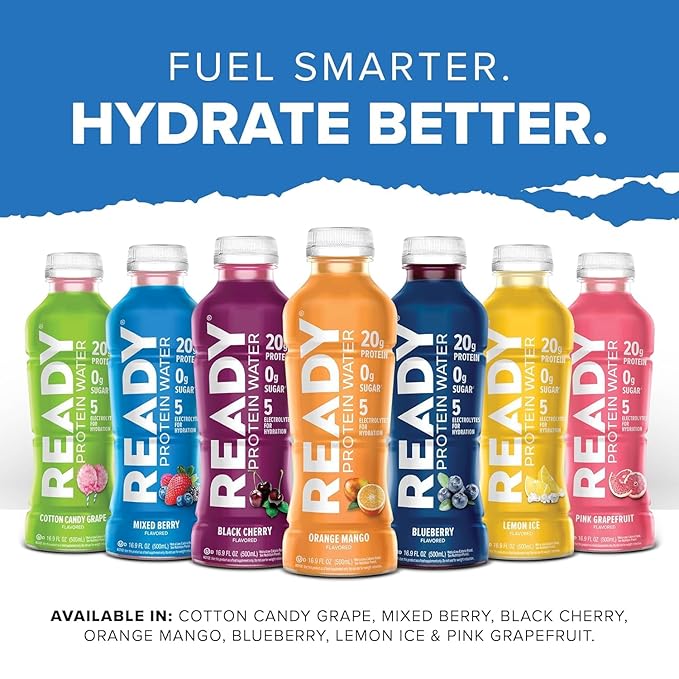 Ready® Clear Protein Water - 20g Whey Protein Isolate Zero Sugar Low-Calorie Sports Drink for Hydration &amp Recovery - Electrolytes Essential Amino Acids - 8CT Total - 4CT Black Cherry x2 16.9 f