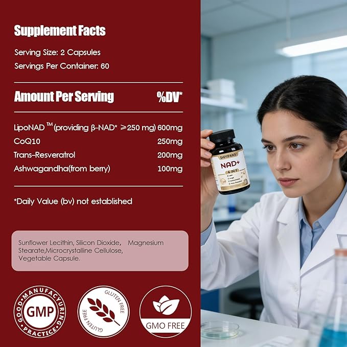 NAD+ Supplement with LipoNAD® 600mg Trans-Resveratrol 250mg Ashwagandha 200mg &amp CoQ10 50mg High Bioavailability Cellular Health &amp Anti-Aging Support for Men &amp Women
