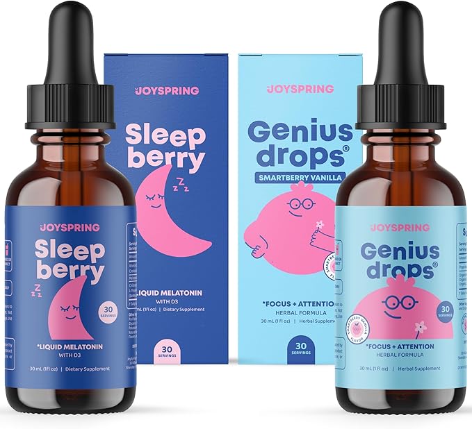 JoySpring SleepBerry Liquid Melatonin and Genius Drops Smartberry Vanilla for Kids