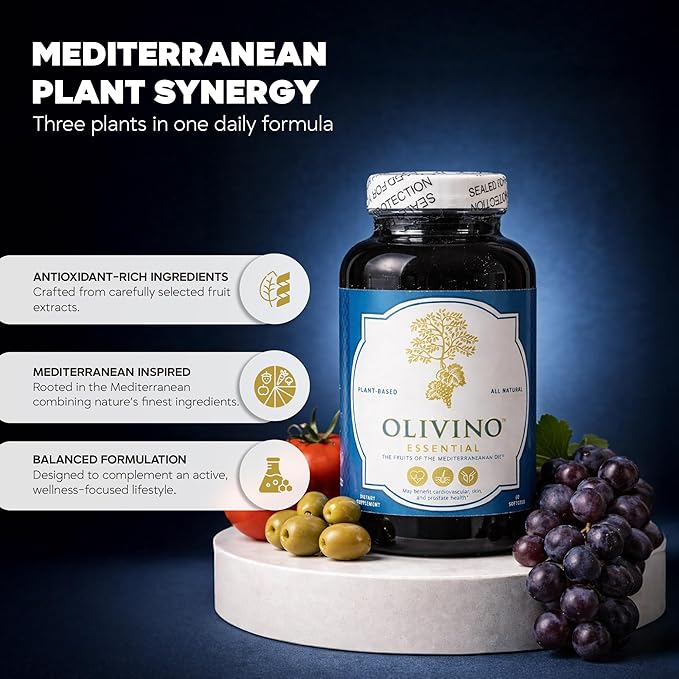 Essential Dietary Supplement: Three Key Fruits of The Mediterranean Diet® (Olives Grapes Tomatoes) - Plant-Based Softgels (60 Day Supply)